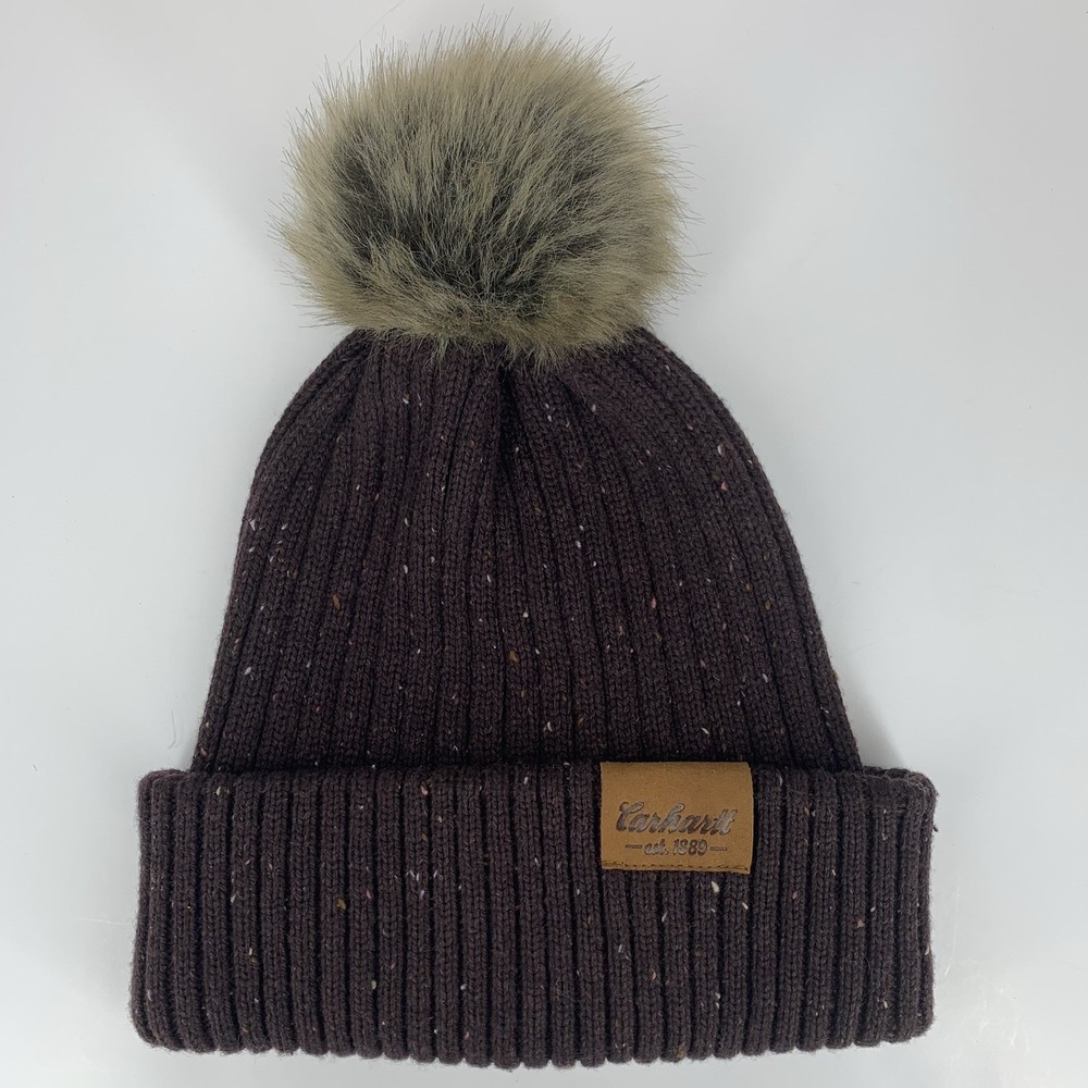 Carhartt Beanie Womens One Size Brown Wool Blend Pom Faux Fur Cuffed Hat Cap